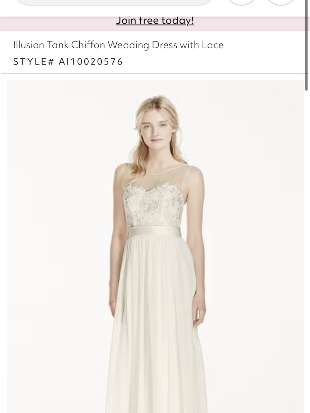 David's Bridal Ivory Illusion Tank Chiffon Gown with Lace Bodice